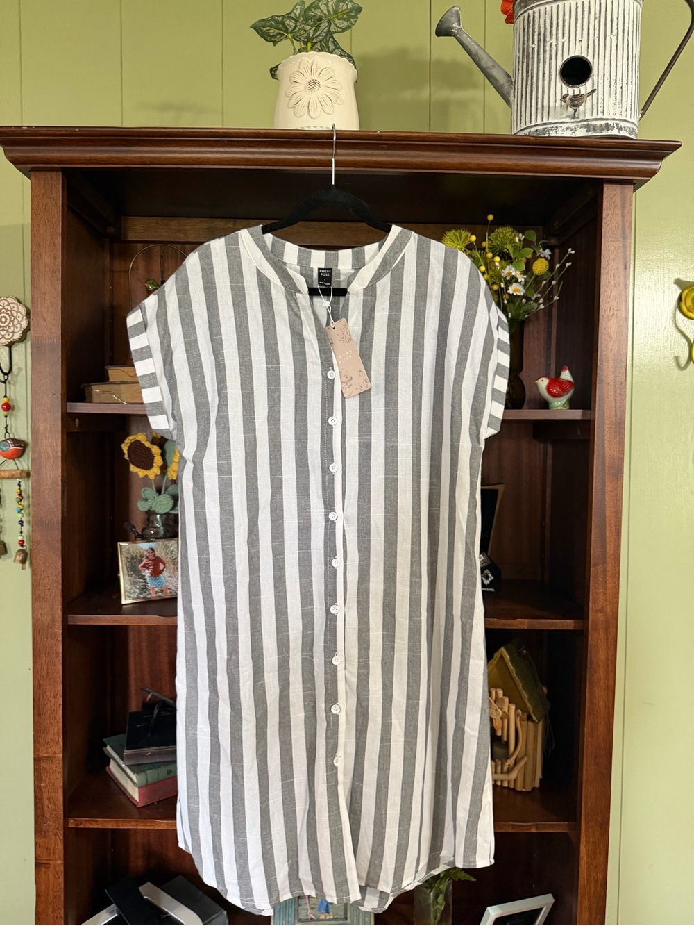 Button-Front Gray & White Striped Midi Dress